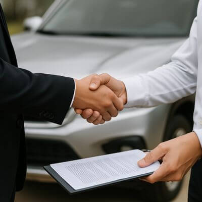Garanzia totale per auto usate a Vicenza: stretta di mano tra venditore e cliente, simbolo di fiducia.