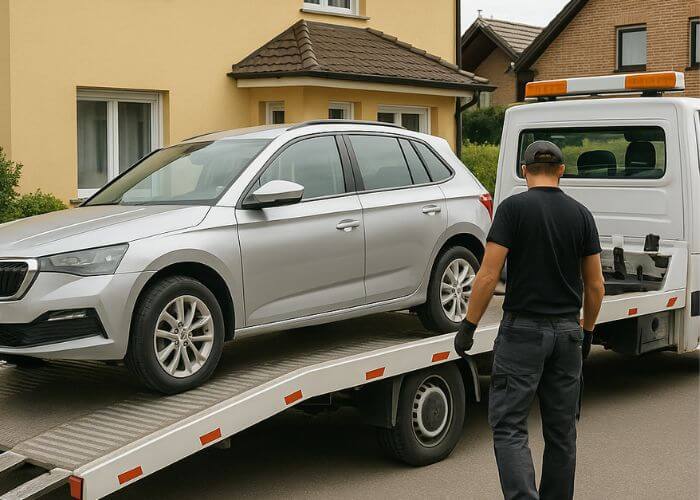 Operatore di spalle mentre carica un'auto su carroattrezzi davanti casa, simbolo di servizio ritiro auto a Vicenza di autoberica compro e vendo auto .