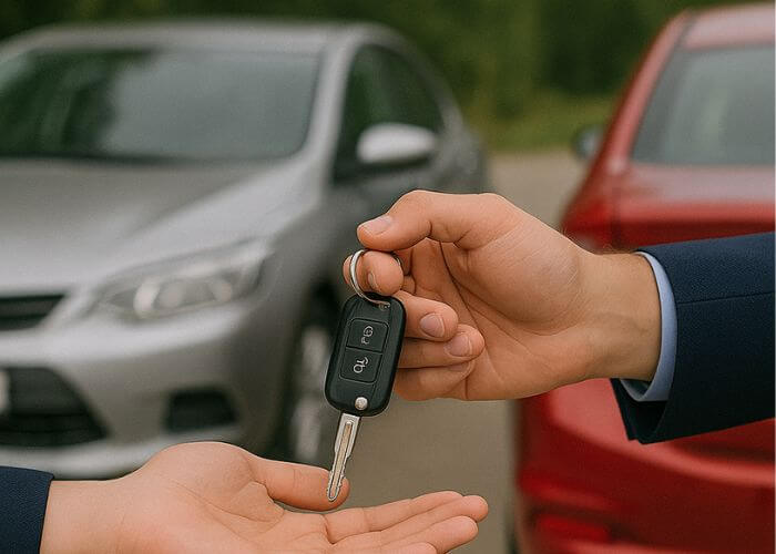Scambio chiavi auto tra due persone davanti a due auto parcheggiate, simbolo di permuta auto a Vicenza fornito da autoberica