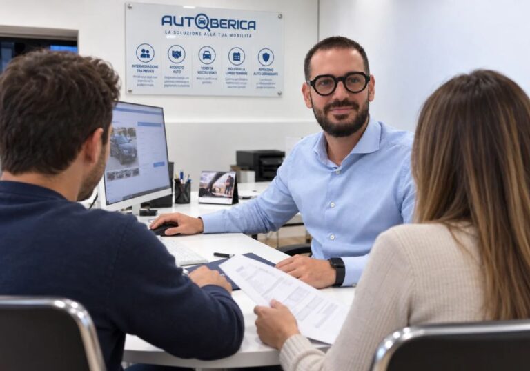 Giovanni di Autoberica spiega a una coppia se il noleggio a lungo termine conviene rispetto all'acquisto dell'auto