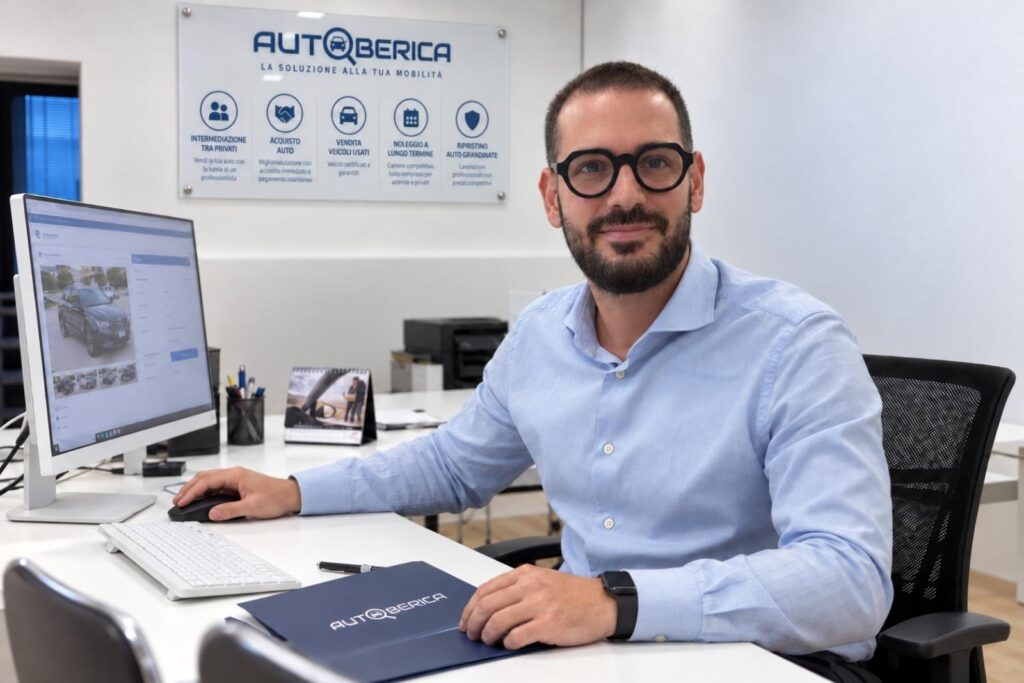 Giovanni di Autoberica, referente del noleggio lungo termine a Vicenza, alla scrivania nell'ufficio di Viale Trento