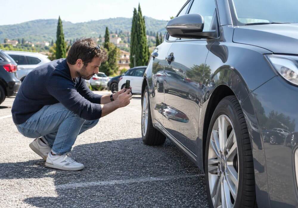 Cliente che fotografa la carrozzeria dell'auto con lo smartphone prima della riconsegna del noleggio a lungo termine