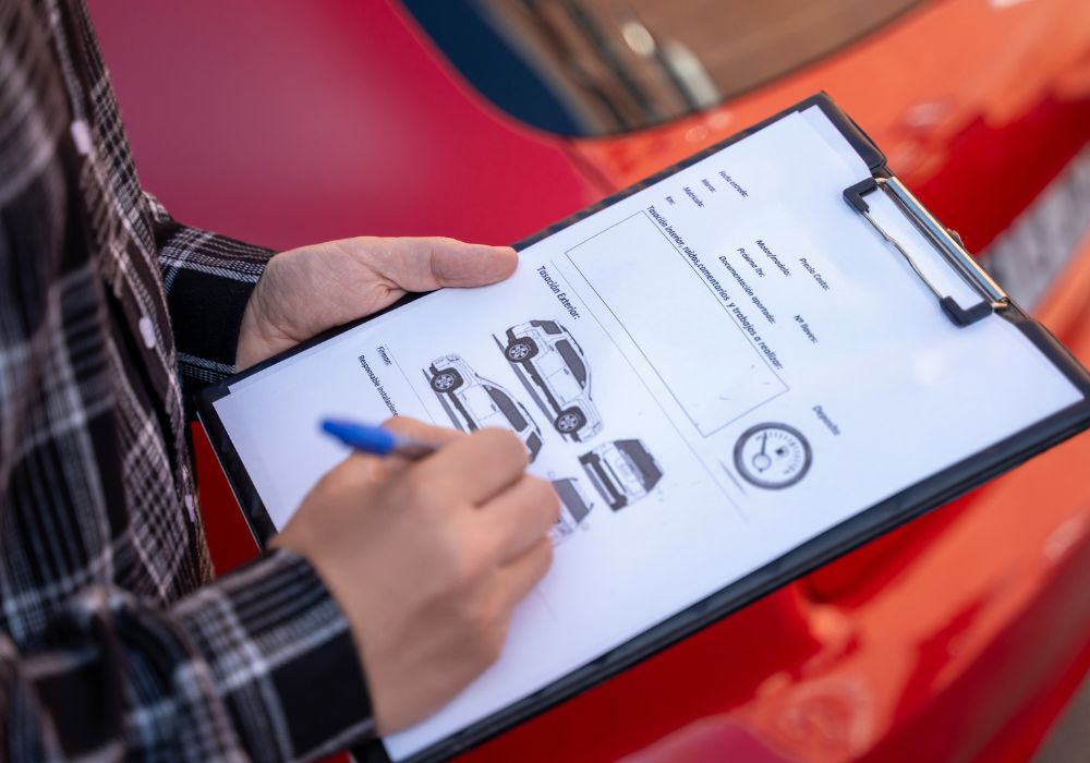 Verbale di controllo dei danni compilato davanti all'auto alla riconsegna del noleggio lungo termine