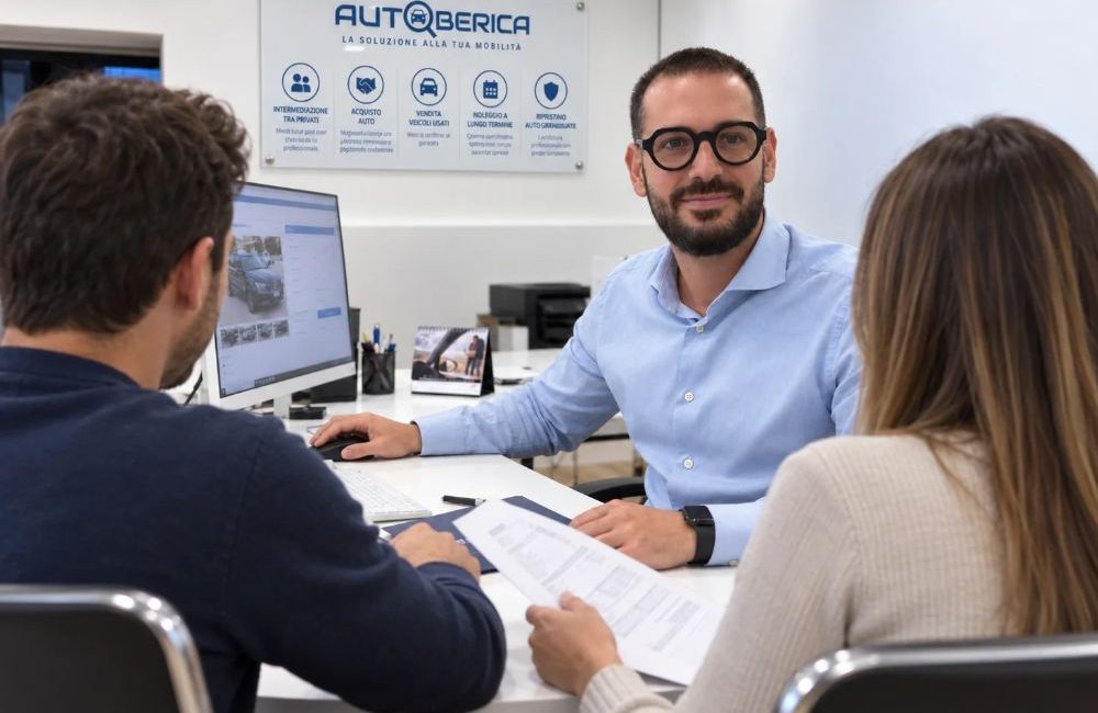 Giovanni di Autoberica spiega a una coppia se il noleggio a lungo termine conviene rispetto all'acquisto dell'auto